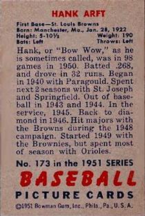 1951 Bowman #173 Hank Arft Back