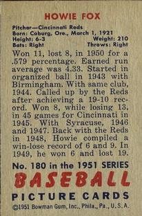1951 Bowman #180 Howie Fox Back