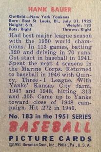 1951 Bowman #183 Hank Bauer Back