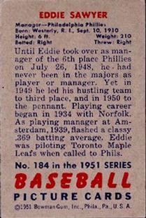 1951 Bowman #184 Eddie Sawyer Back