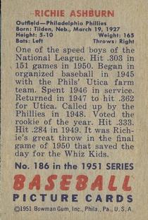 1951 Bowman #186 Richie Ashburn Back