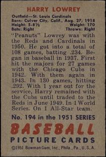 1951 Bowman #194 Peanuts Lowrey Back