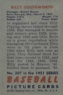 1951 Bowman #207 Billy Southworth Back
