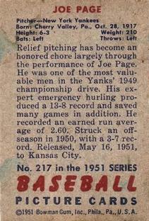 1951 Bowman #217 Joe Page Back