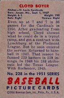 1951 Bowman #228 Cloyd Boyer Back