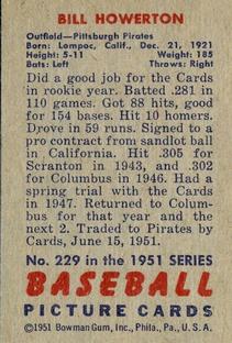 1951 Bowman #229 Bill Howerton Back
