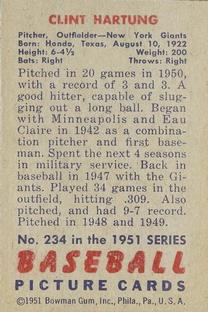 1951 Bowman #234 Clint Hartung Back