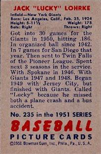 1951 Bowman #235 Jack Lohrke Back