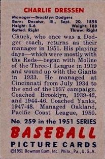 1951 Bowman #259 Chuck Dressen Back