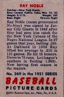 1951 Bowman #269 Ray Noble Back