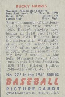 1951 Bowman #275 Bucky Harris Back