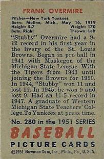 1951 Bowman #280 Frank Overmire Back