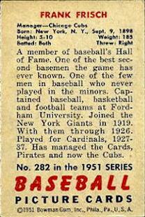 1951 Bowman #282 Frankie Frisch Back