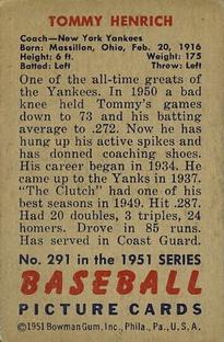 1951 Bowman #291 Tommy Henrich Back