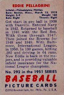 1951 Bowman #292 Eddie Pellagrini Back