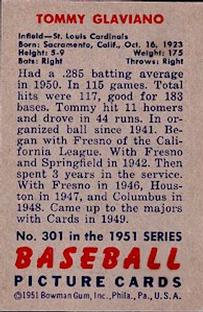 1951 Bowman #301 Tommy Glaviano Back