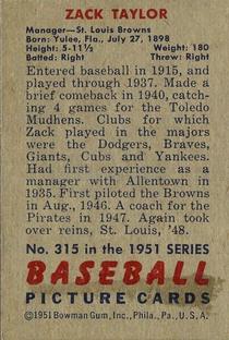 1951 Bowman #315 Zack Taylor Back