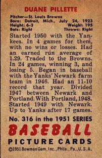 1951 Bowman #316 Duane Pillette Back
