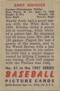 1951 Bowman #51 Andy Seminick Back