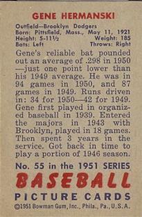 1951 Bowman #55 Gene Hermanski Back