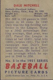 1951 Bowman #5 Dale Mitchell Back