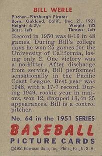 1951 Bowman #64 Bill Werle Back