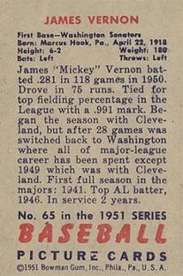 1951 Bowman #65 Mickey Vernon Back