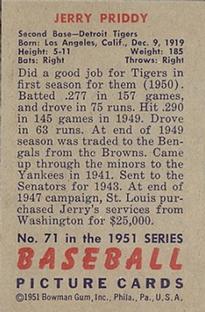 1951 Bowman #71 Jerry Priddy Back