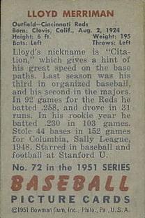 1951 Bowman #72 Lloyd Merriman Back