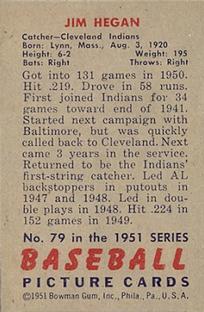 1951 Bowman #79 Jim Hegan Back
