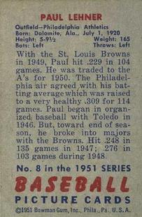 1951 Bowman #8 Paul Lehner Back