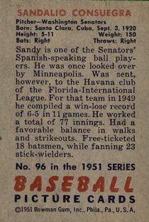 1951 Bowman #96 Sandy Consuegra Back