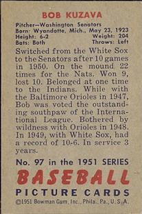 1951 Bowman #97 Bob Kuzava Back