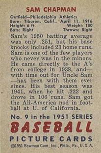 1951 Bowman #9 Sam Chapman Back