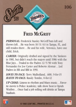1992 Studio #106 Fred McGriff Back