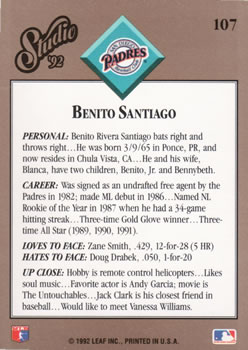 1992 Studio #107 Benito Santiago Back