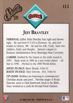 1992 Studio #112 Jeff Brantley Back