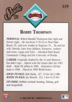 1992 Studio #119 Robby Thompson Back