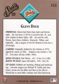1992 Studio #122 Glenn Davis Back