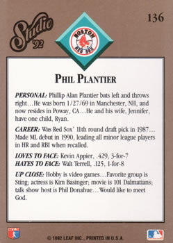 1992 Studio #136 Phil Plantier Back