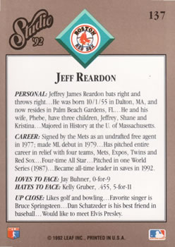 1992 Studio #137 Jeff Reardon Back