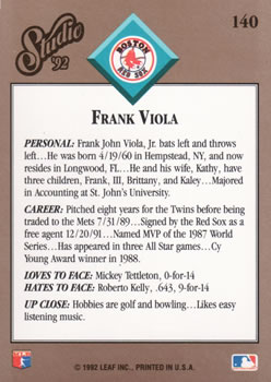 1992 Studio #140 Frank Viola Back