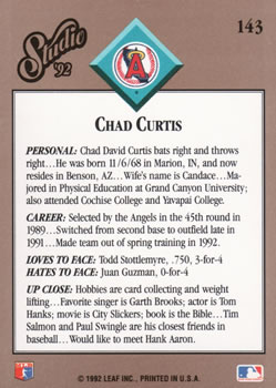 1992 Studio #143 Chad Curtis Back