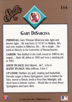 1992 Studio #144 Gary DiSarcina Back