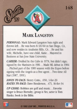 1992 Studio #148 Mark Langston Back