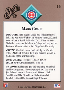 1992 Studio #14 Mark Grace Back