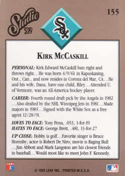 1992 Studio #155 Kirk McCaskill Back