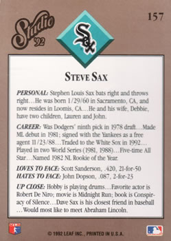 1992 Studio #157 Steve Sax Back
