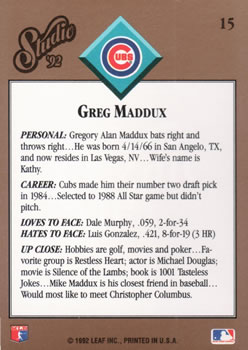1992 Studio #15 Greg Maddux Back