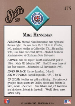 1992 Studio #175 Mike Henneman Back